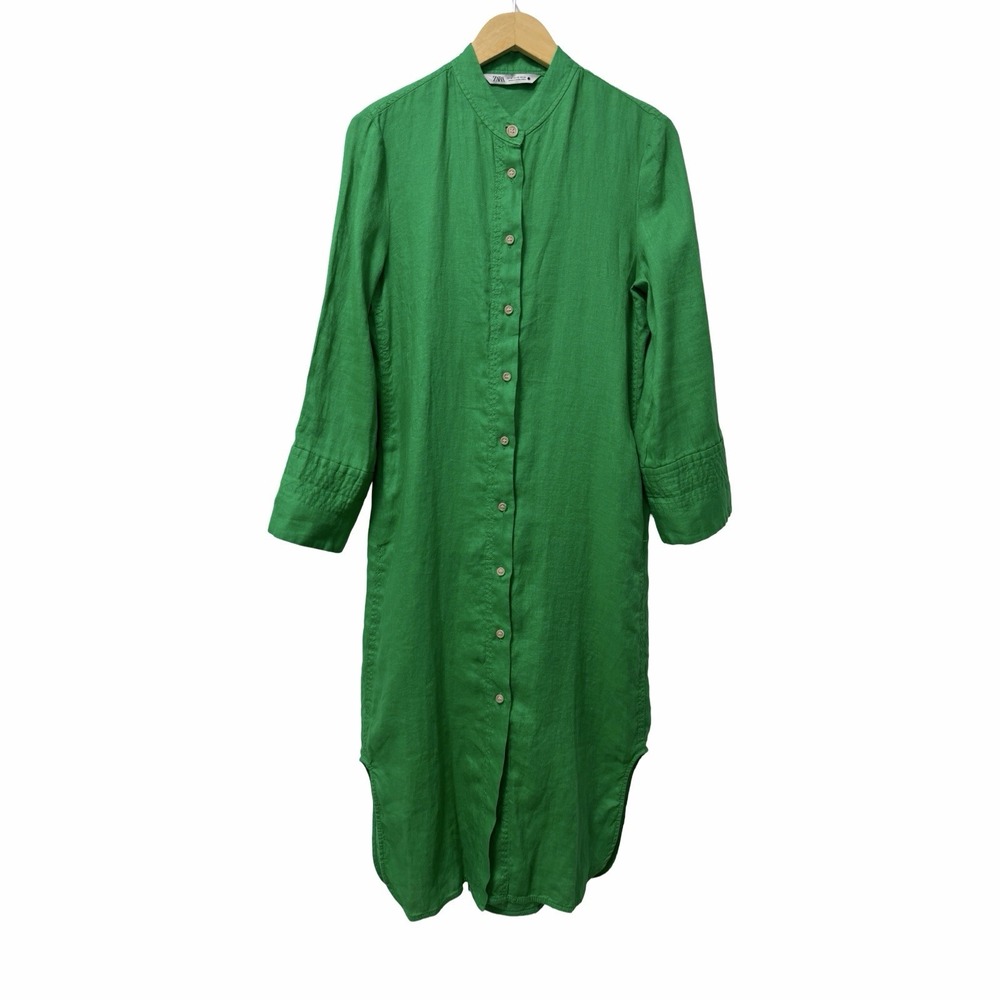 Zara Womens 100% Linen Button Front Midi Shirt Dress Szie XS Kelly Green Resort